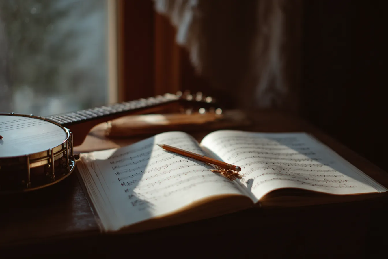An open book of sheet music with a pencil resting on it, beside a tenor banjo in window light