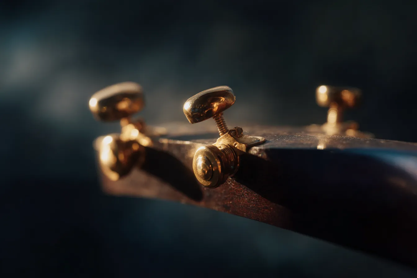 Close-up of the tuning pegs on a tenor banjo headstock