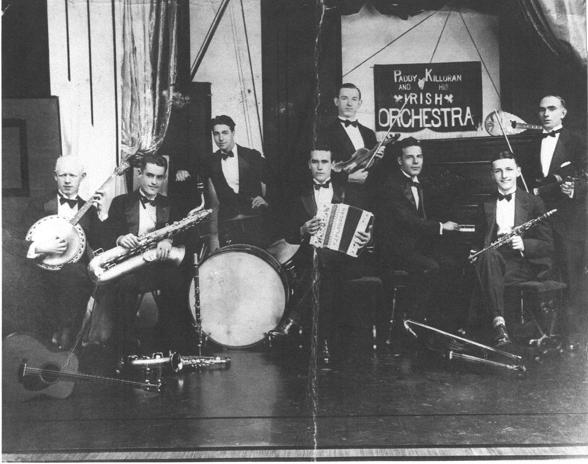 Paddy Killoran's Irish Orchestra photographed around 1930, a dance band with two fiddles and a tenor banjo