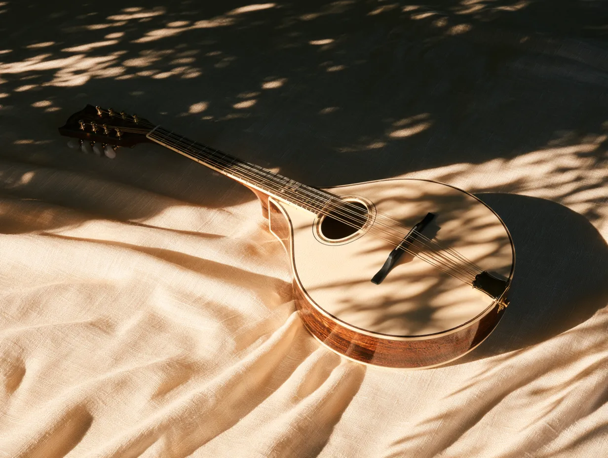 A flat-backed Irish bouzouki photographed from above on cream linen