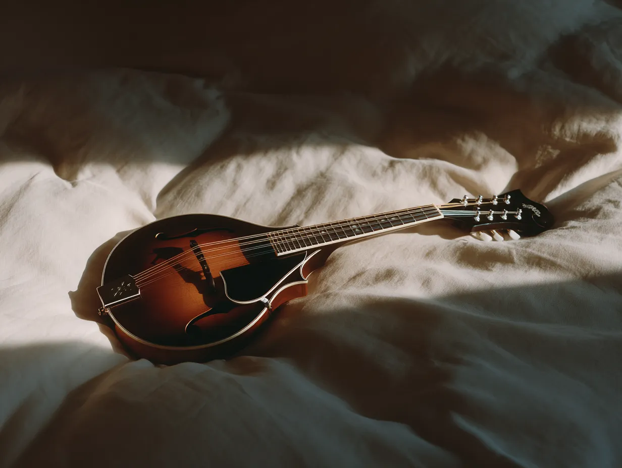 An A-style mandolin photographed from above on cream linen
