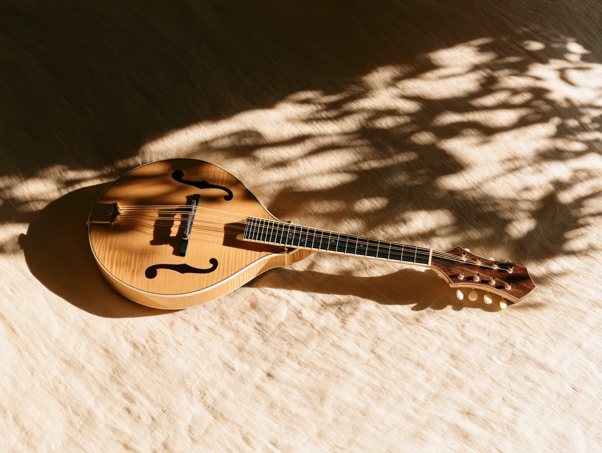 An octave mandola photographed from above on cream linen