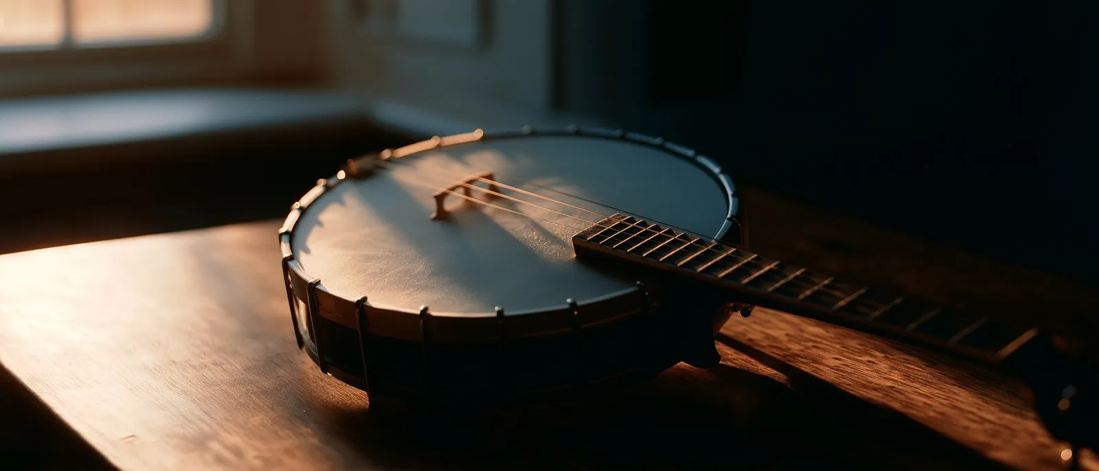 A four-string Irish tenor banjo resting on a worn wooden surface