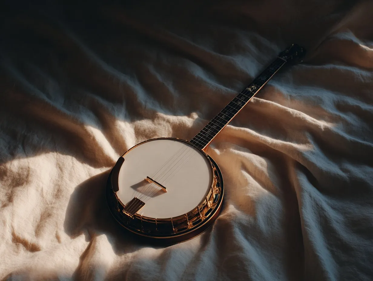 An Irish tenor banjo lying flat on warm cream linen