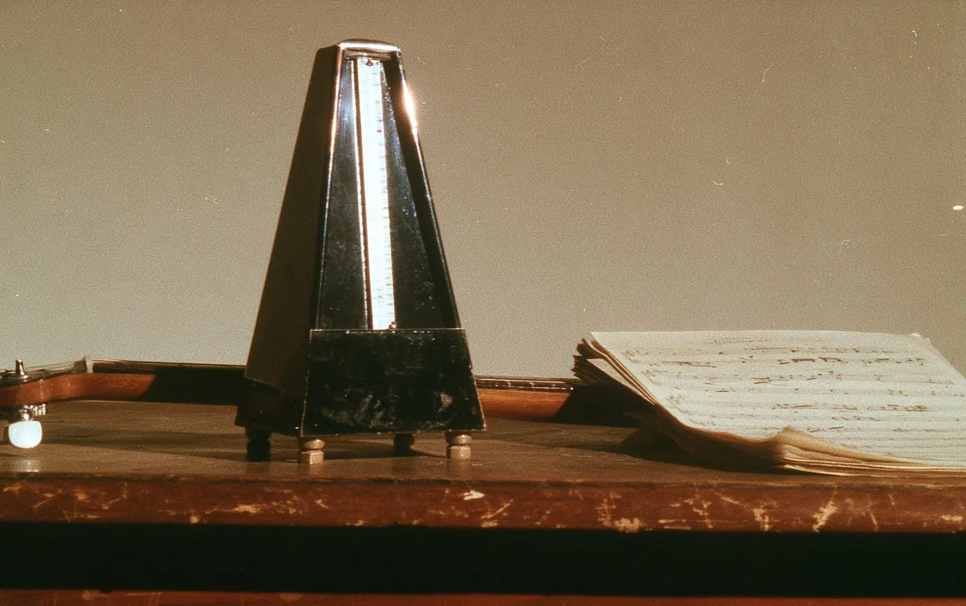 A metronome beside a tenor banjo