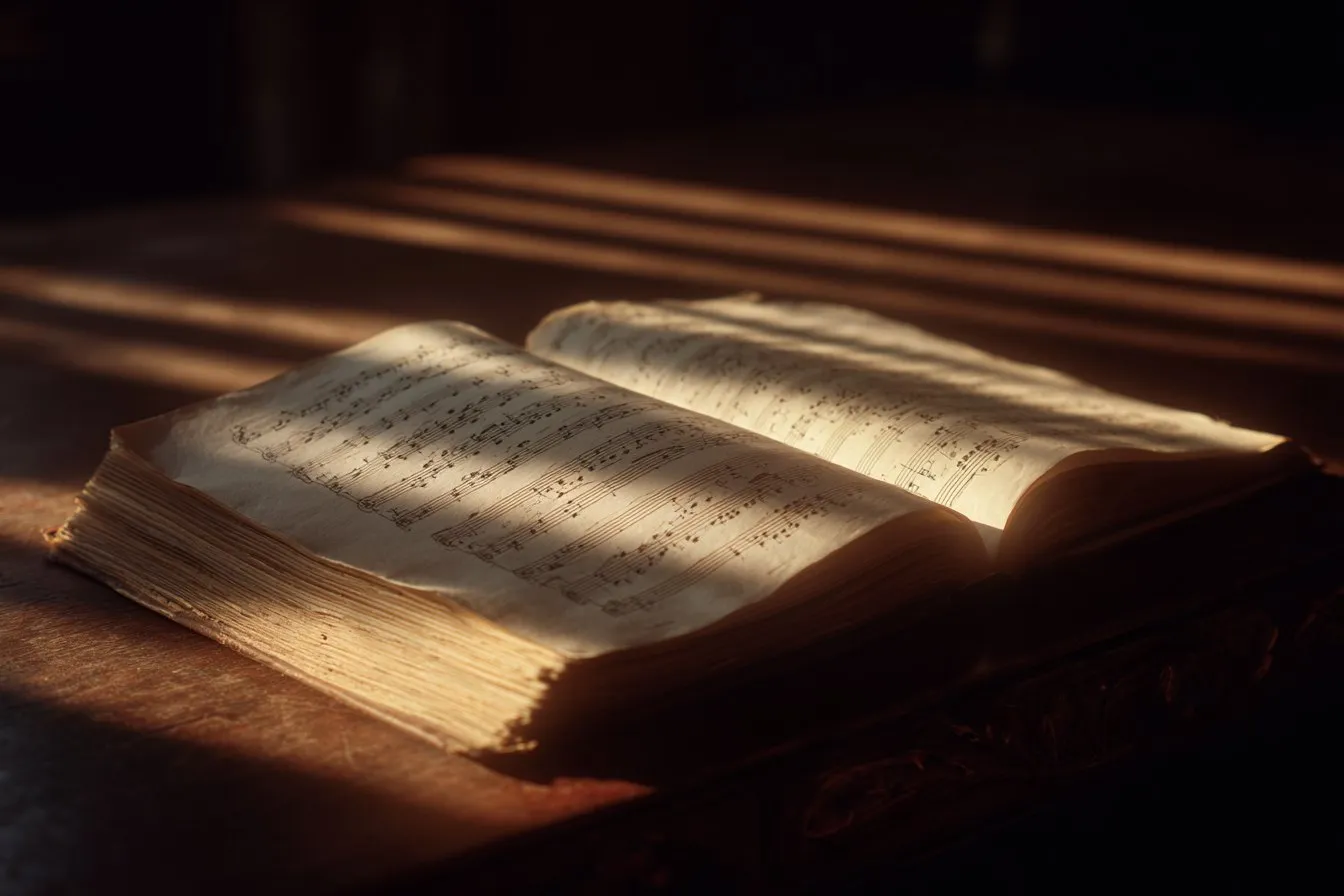 An antique music book from around 1900 lying open beside a tenor banjo