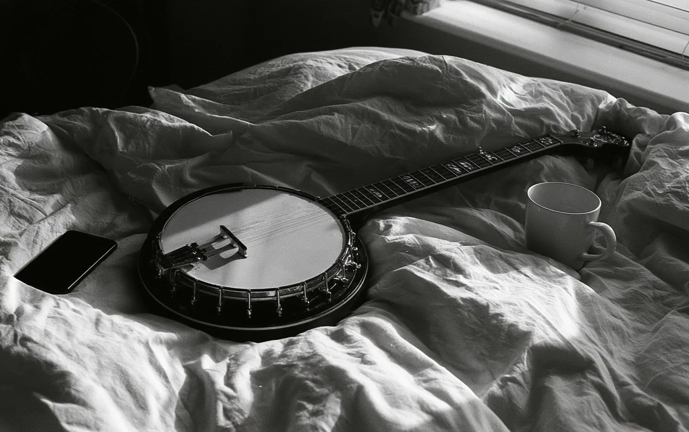 A beginner practising tenor banjo at a kitchen table