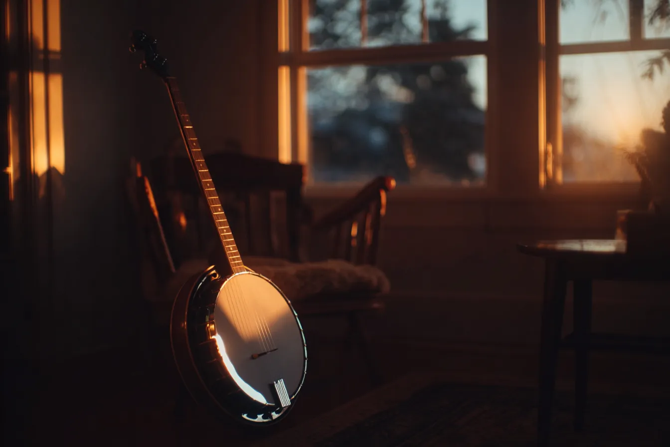 A tenor banjo resting against a chair in warm evening light